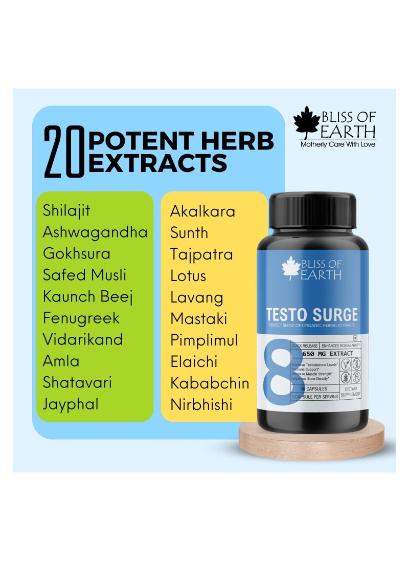 Testo Booster Capsules, 100% Natural Testosterone Booster For Men, 650mg Per Serving, 60 Count
