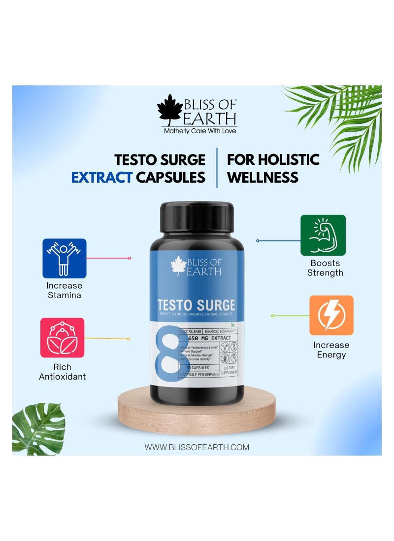 Testo Booster Capsules, 100% Natural Testosterone Booster For Men, 650mg Per Serving, 60 Count