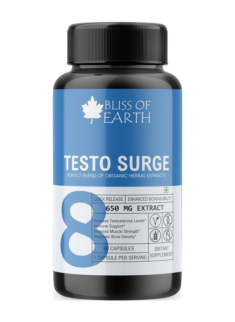 Testo Booster Capsules, 100% Natural Testosterone Booster For Men, 650mg Per Serving, 60 Count