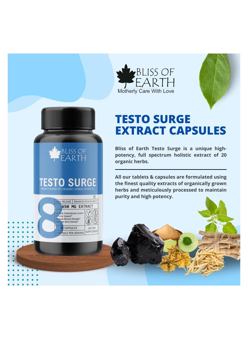Testo Booster Capsules, 100% Natural Testosterone Booster For Men, 650mg Per Serving, 60 Count