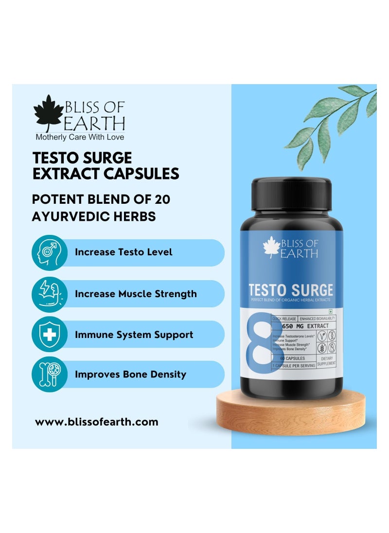 Testo Booster Capsules, 100% Natural Testosterone Booster For Men, 650mg Per Serving, 60 Count