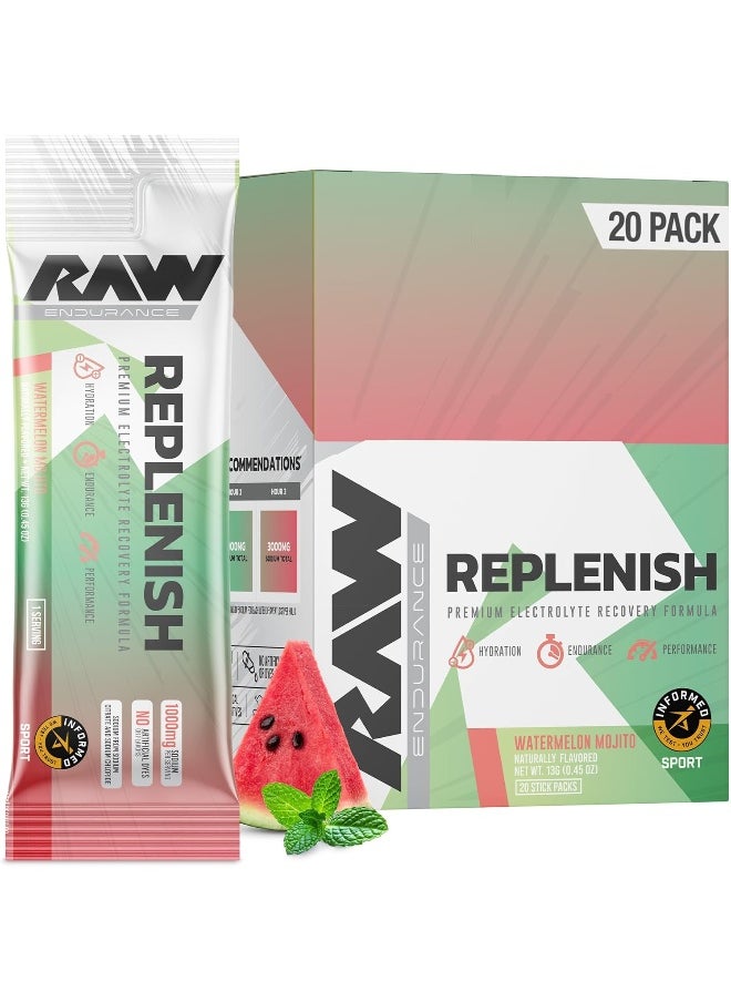 RAW Replenish Box, Premium Electrolytes Powder Recovery Formula, Watermelon Mojito (20 Sticks)