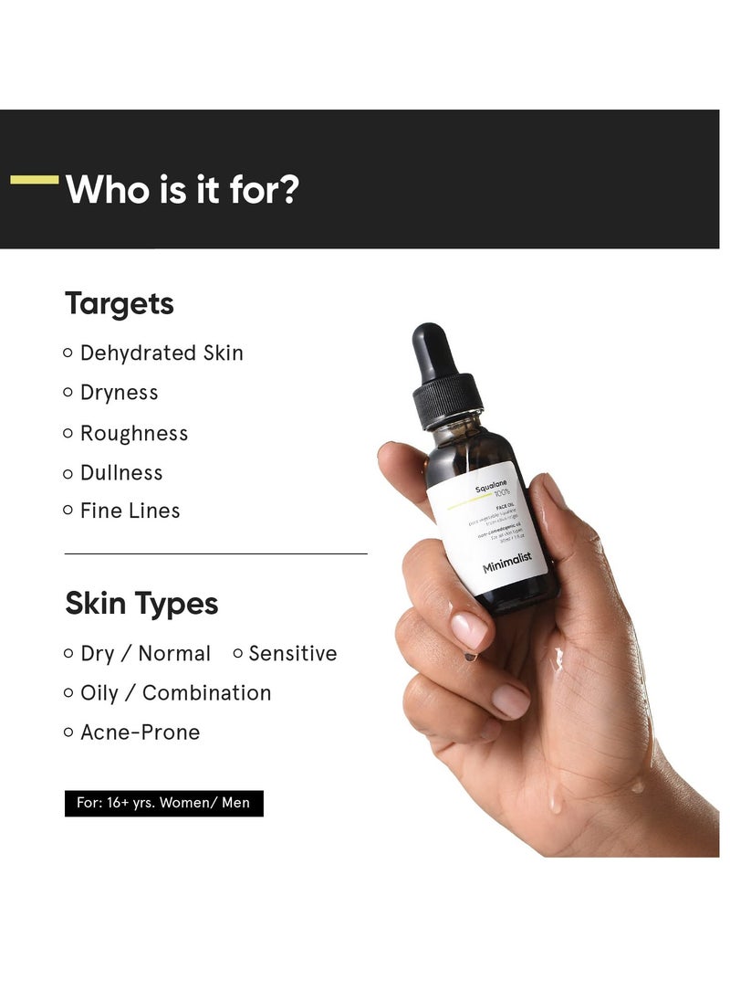 Minimalist Squalane 100% (Plant Derived) Face Oil for Moisturization | Improves Skin Hydration & Reduces Fine Lines | Restores Suppleness, Firmness & Elasticity of Skin | 1 Fl Oz / 30 ml