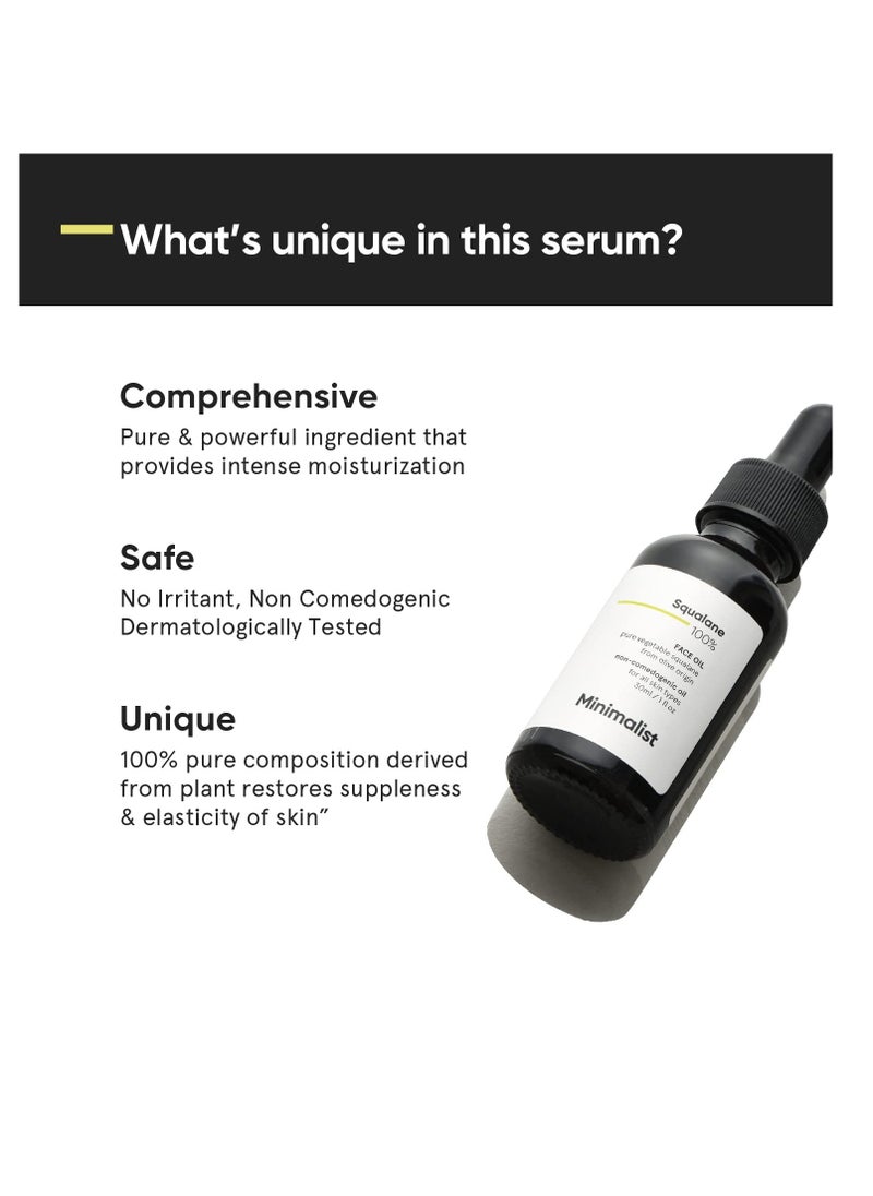 Minimalist Squalane 100% (Plant Derived) Face Oil for Moisturization | Improves Skin Hydration & Reduces Fine Lines | Restores Suppleness, Firmness & Elasticity of Skin | 1 Fl Oz / 30 ml