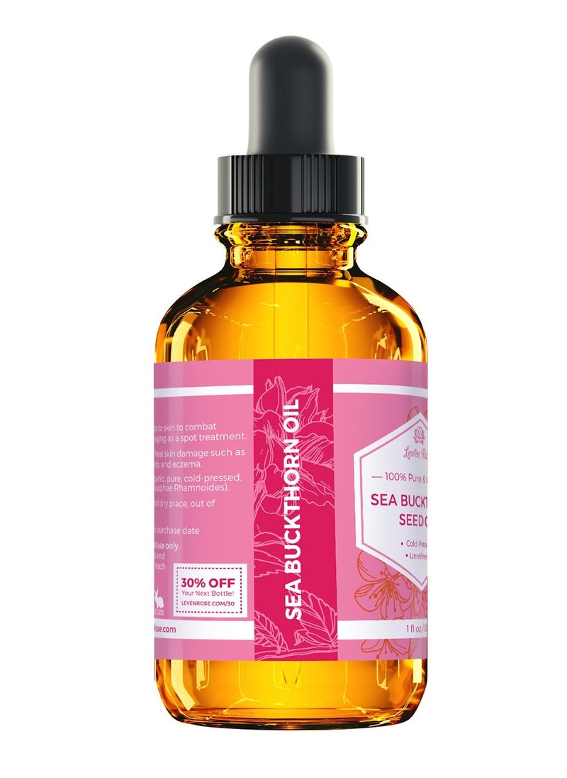 Leven Rose Sea Buckthorn Seed Oil, 100% Pure Unrefined Cold Pressed Anti Aging Acne Treatment for Hair Skin and Nails (1 oz)