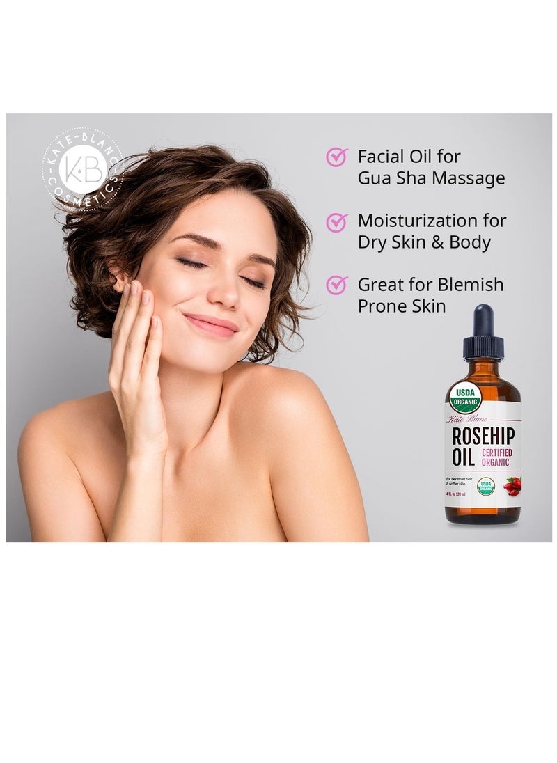 Kate Blanc Cosmetics Rosehip Oil for Face & Skin (4oz, Organic, Pure, Cold Pressed) Rosehip Seed Face Oil for Facial & Gua Sha Massage