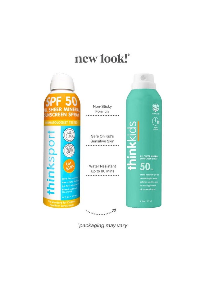 Thinksport Kids Sunscreen Spray, SPF 50 All Sheer Mineral Sunscreen, 6 Fl Oz, Water Resistant Baby & Toddler, Natural Zinc Oxide UVA/UVB Protection
