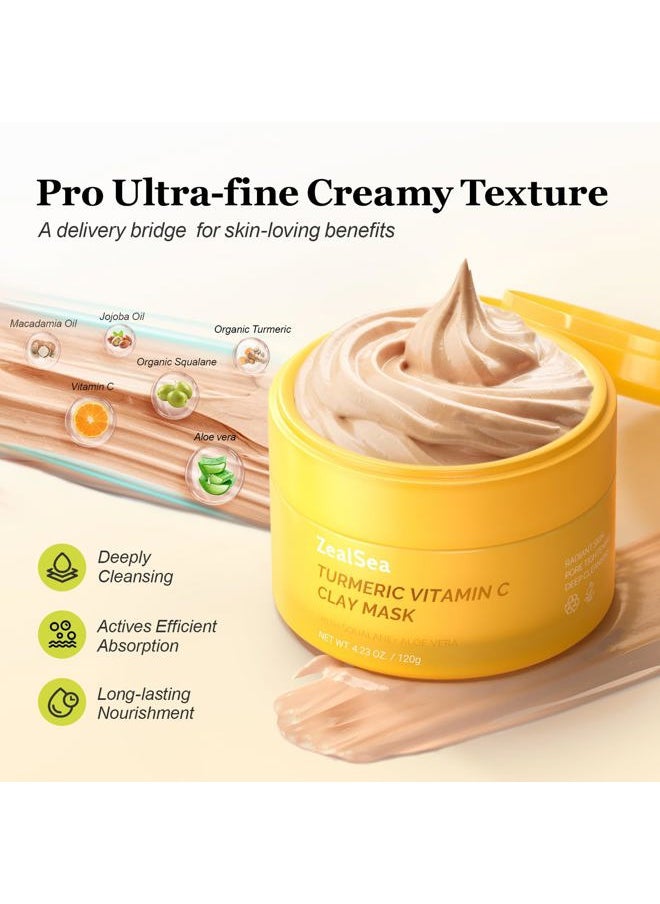 Vitamin C American Kaolin Clay Mask with Turmeric, Pro Ultra-Fine Creamy Texture, Deep Pore Cleansing Even Skin Tone Brighten Control Oil Detoxify, 30% Aloe, Jojoba Oil, Shea Butter & Squalane