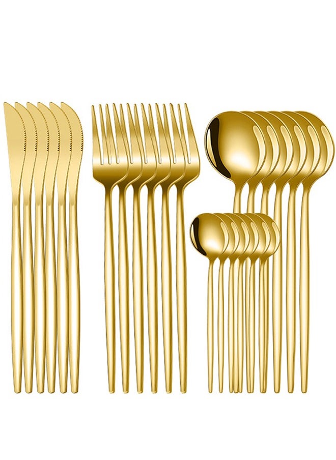 24 Piece Stainless Steel Flatware Set，Gold， Dishwasher Washable，Includes Knife, Spoon, Fork, Coffee Spoon