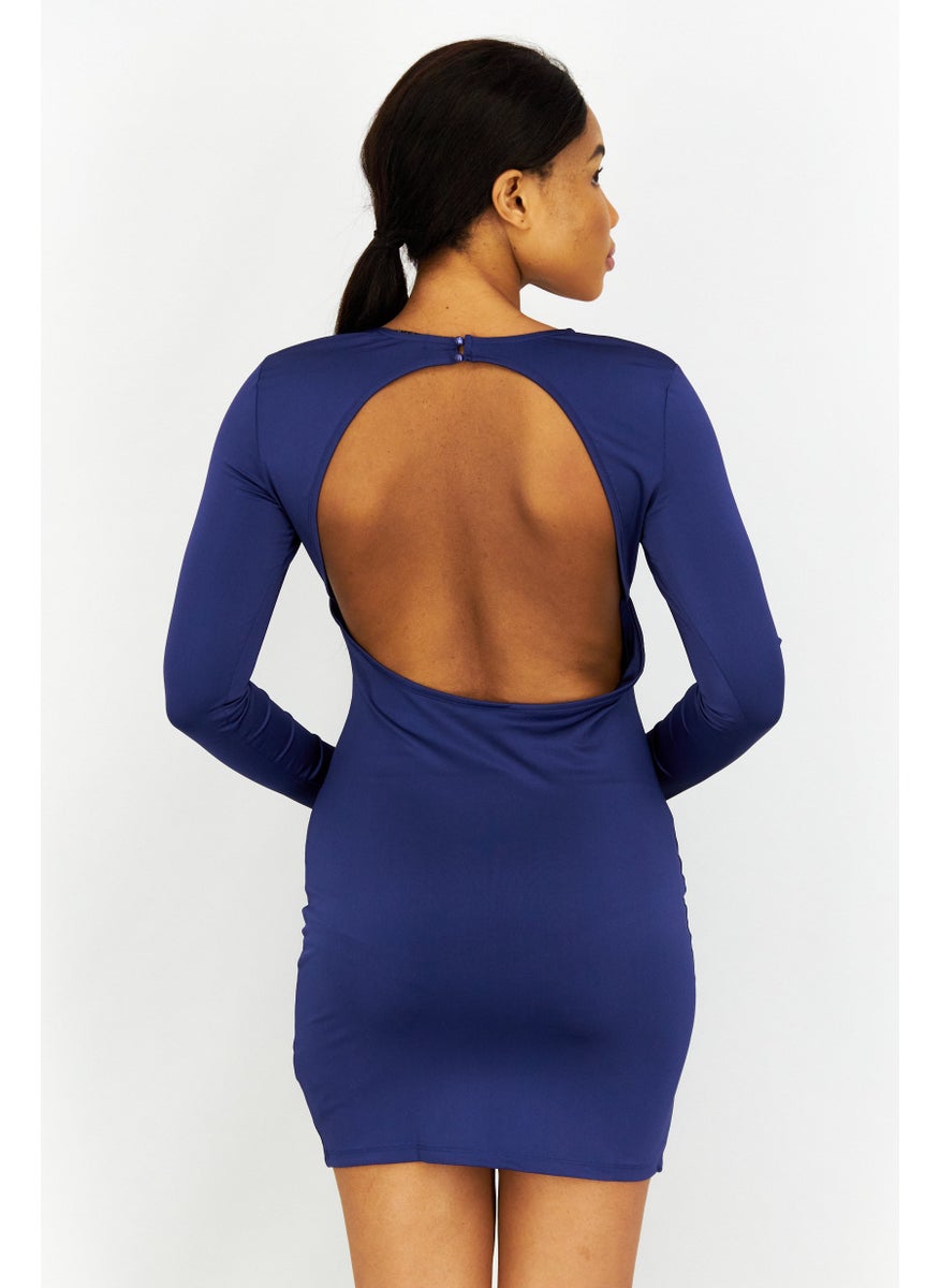 Women Solid Open Back Mini Dress, Navy