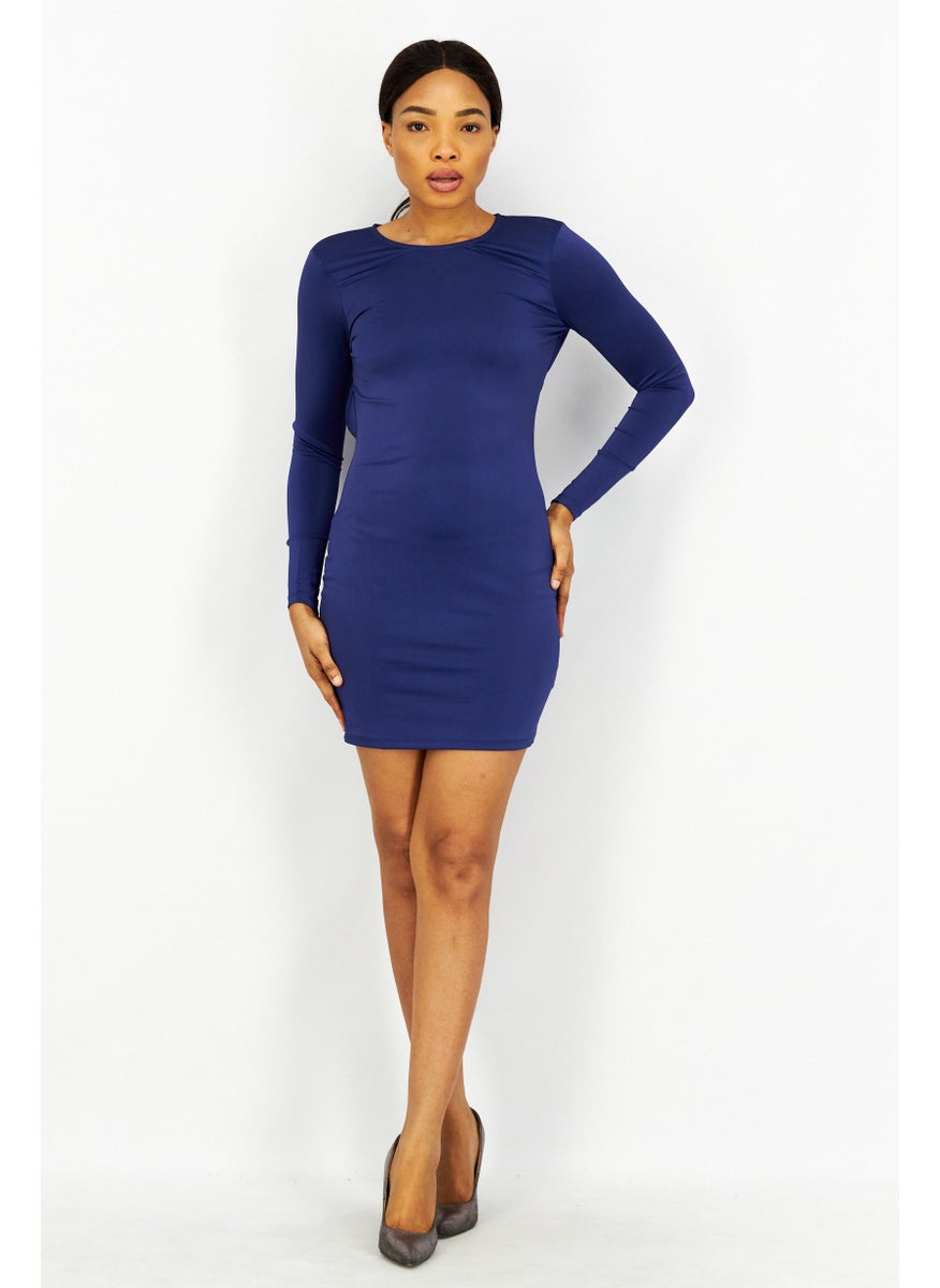 Women Solid Open Back Mini Dress, Navy