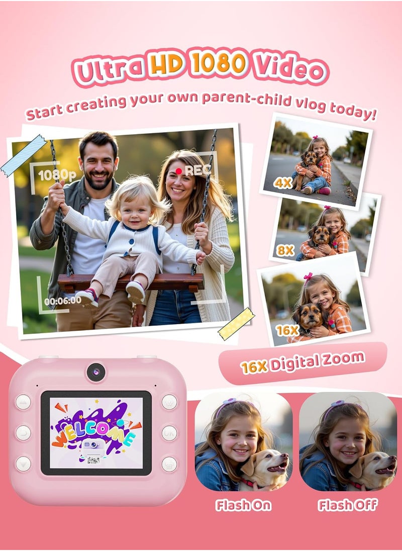 Instant Camera, Front Rear Dual Selfie Kids Camera with 1080P Videos, Holiday Birthday Gifts for Kids Age 3-12, Toddler Portable Travel Print Digital Camera Toy for 4 5 6 7 8 9 Year Boys Girls