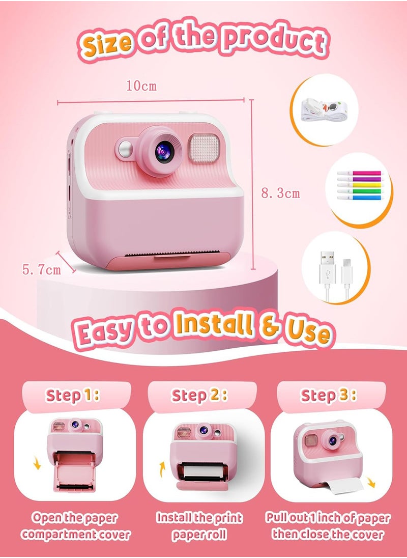 Instant Camera, Front Rear Dual Selfie Kids Camera with 1080P Videos, Holiday Birthday Gifts for Kids Age 3-12, Toddler Portable Travel Print Digital Camera Toy for 4 5 6 7 8 9 Year Boys Girls