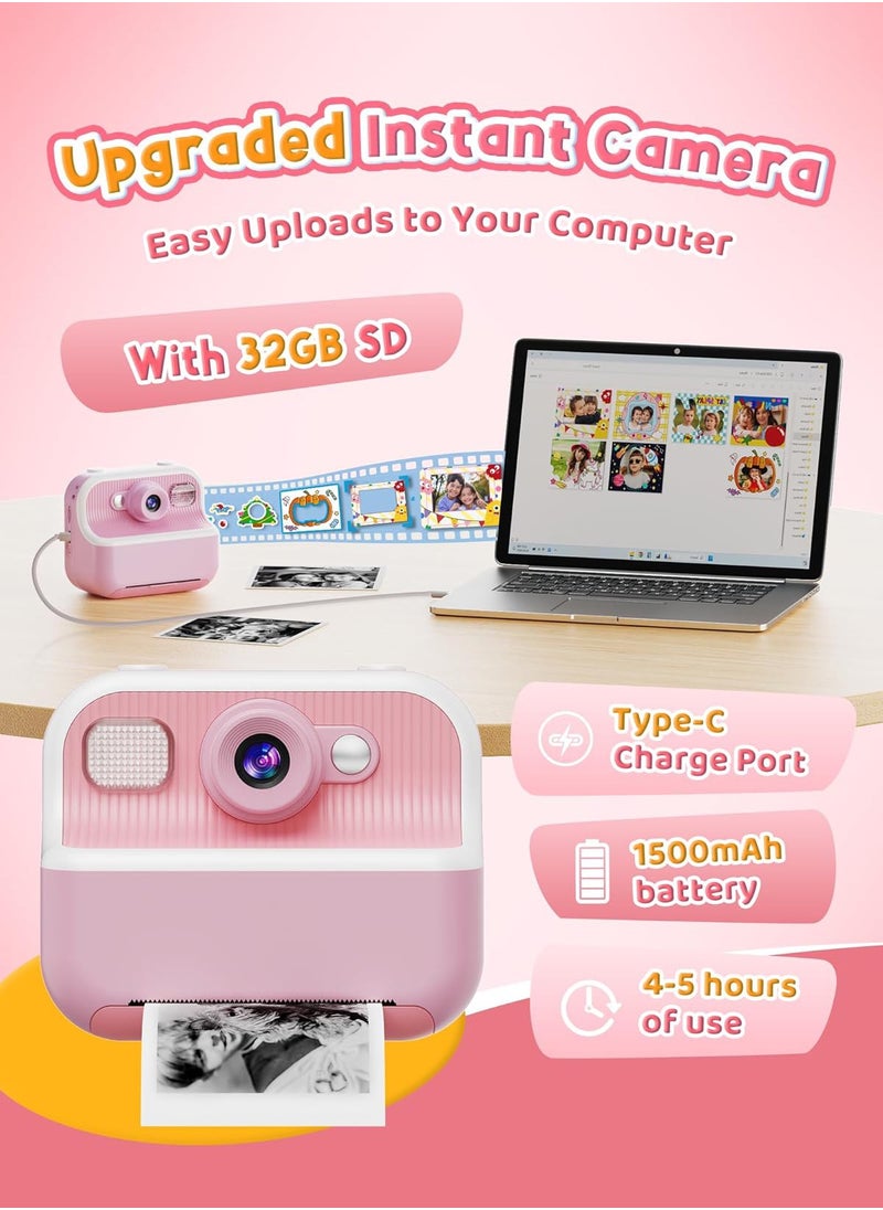 Instant Camera, Front Rear Dual Selfie Kids Camera with 1080P Videos, Holiday Birthday Gifts for Kids Age 3-12, Toddler Portable Travel Print Digital Camera Toy for 4 5 6 7 8 9 Year Boys Girls
