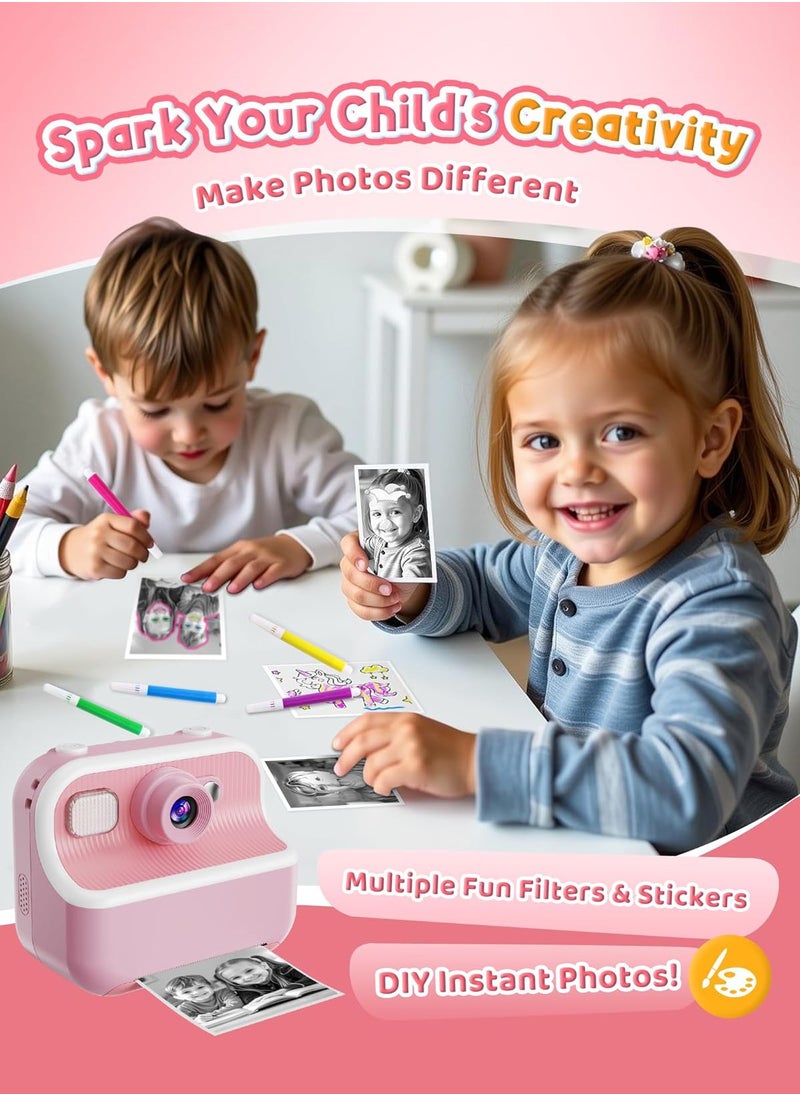Instant Camera, Front Rear Dual Selfie Kids Camera with 1080P Videos, Holiday Birthday Gifts for Kids Age 3-12, Toddler Portable Travel Print Digital Camera Toy for 4 5 6 7 8 9 Year Boys Girls