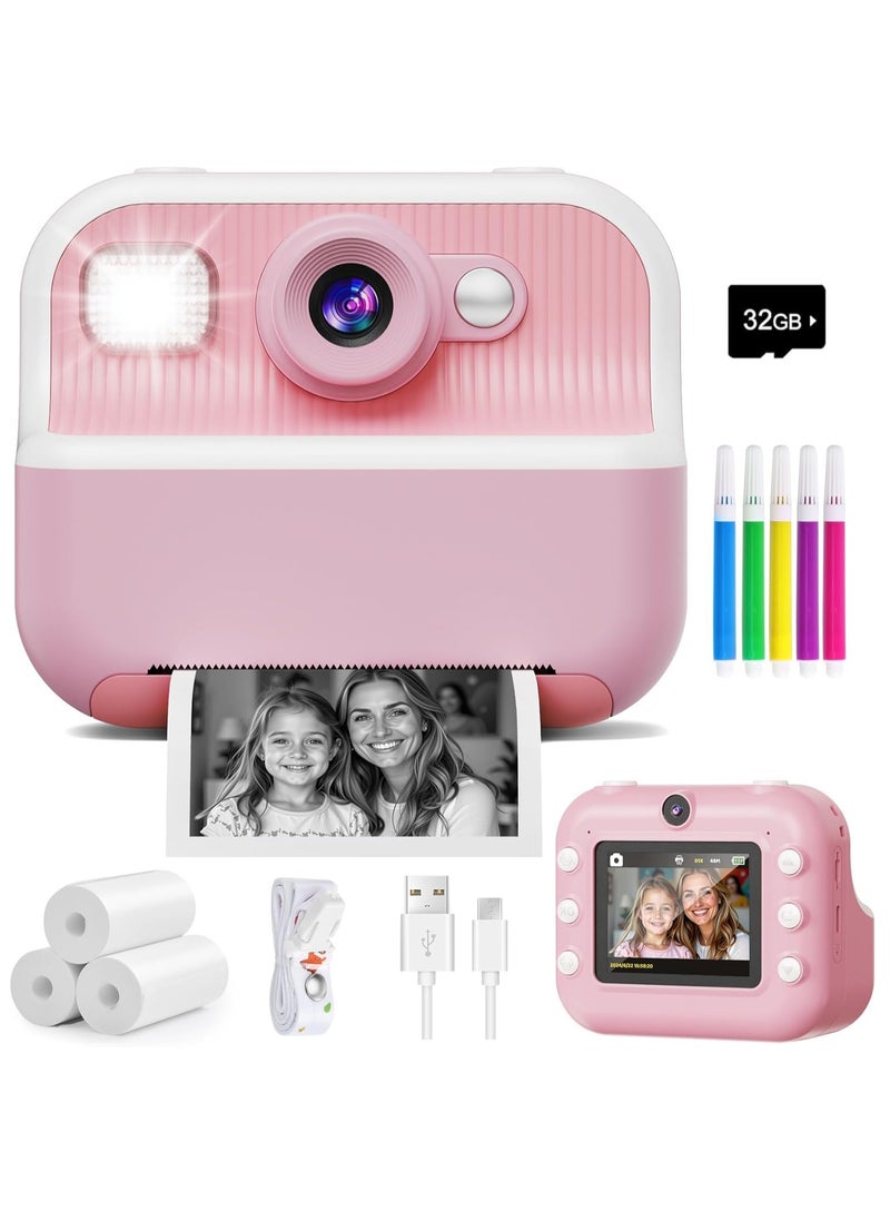 Instant Camera, Front Rear Dual Selfie Kids Camera with 1080P Videos, Holiday Birthday Gifts for Kids Age 3-12, Toddler Portable Travel Print Digital Camera Toy for 4 5 6 7 8 9 Year Boys Girls