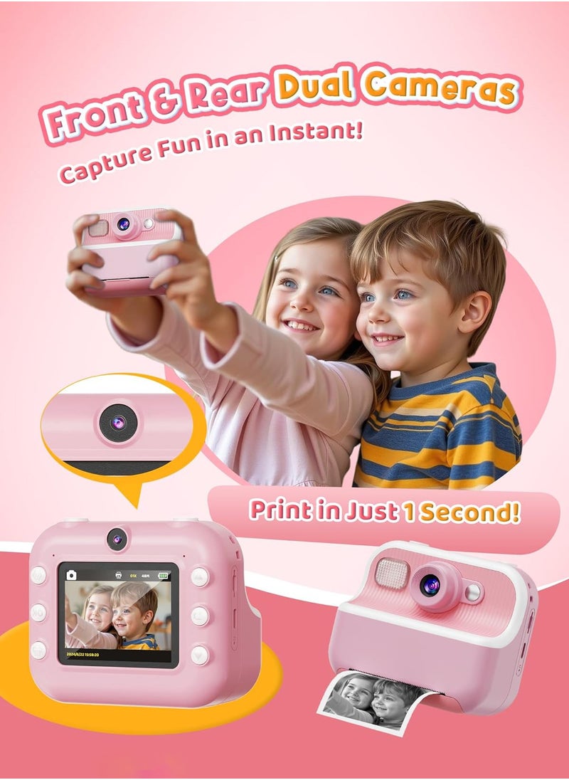 Instant Camera, Front Rear Dual Selfie Kids Camera with 1080P Videos, Holiday Birthday Gifts for Kids Age 3-12, Toddler Portable Travel Print Digital Camera Toy for 4 5 6 7 8 9 Year Boys Girls
