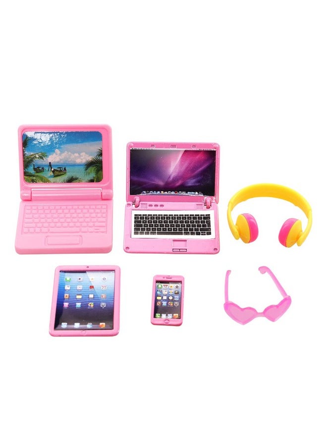 Miunana Doll Accessories and Dollhouse Set with Mini Computer Phone Headset Sunglasses Set Dollhouse 5 Pcs Kit Metal Dollhouse Computer Set