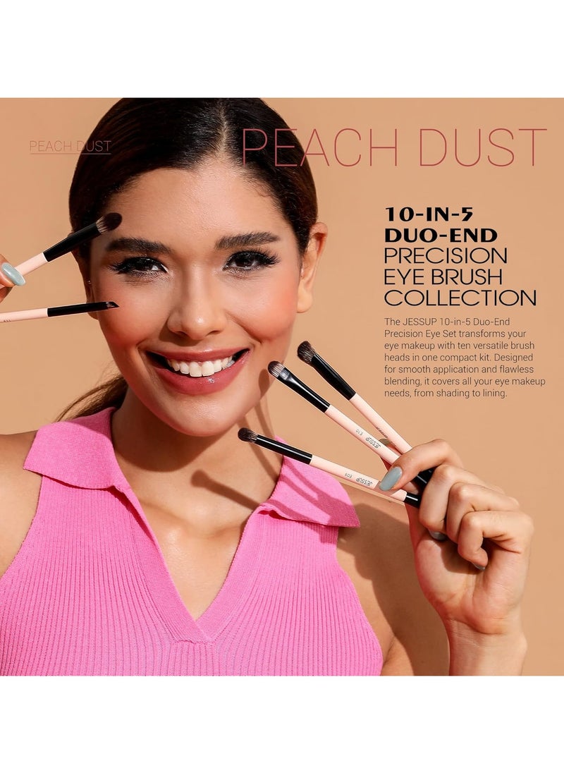 Jessup 10-in-5 Double Ended Makeup Brushes Set Eyeshadow Brush Contour Brush Blending Brush Eyeliner Brush Shader Brush, Vegan Fiber Precision Eye Brush Set Peach Dust T509