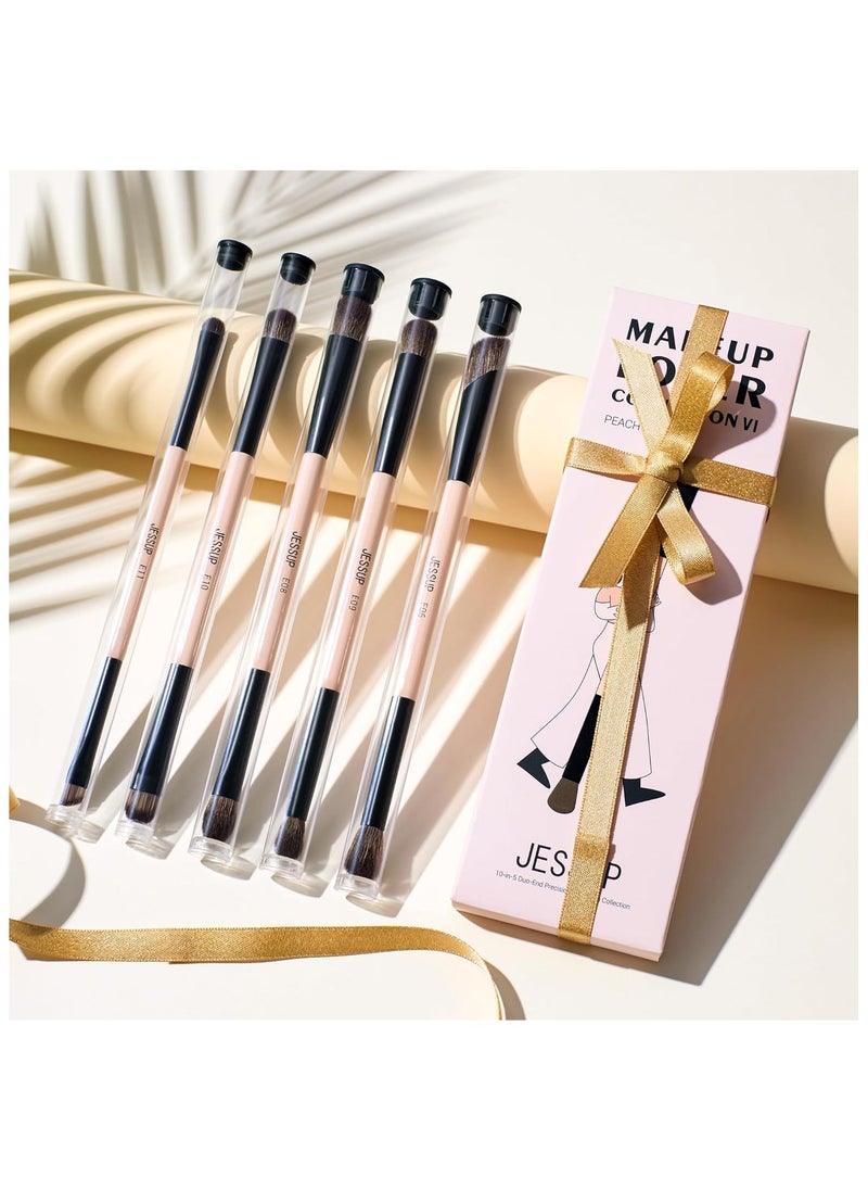 Jessup 10-in-5 Double Ended Makeup Brushes Set Eyeshadow Brush Contour Brush Blending Brush Eyeliner Brush Shader Brush, Vegan Fiber Precision Eye Brush Set Peach Dust T509