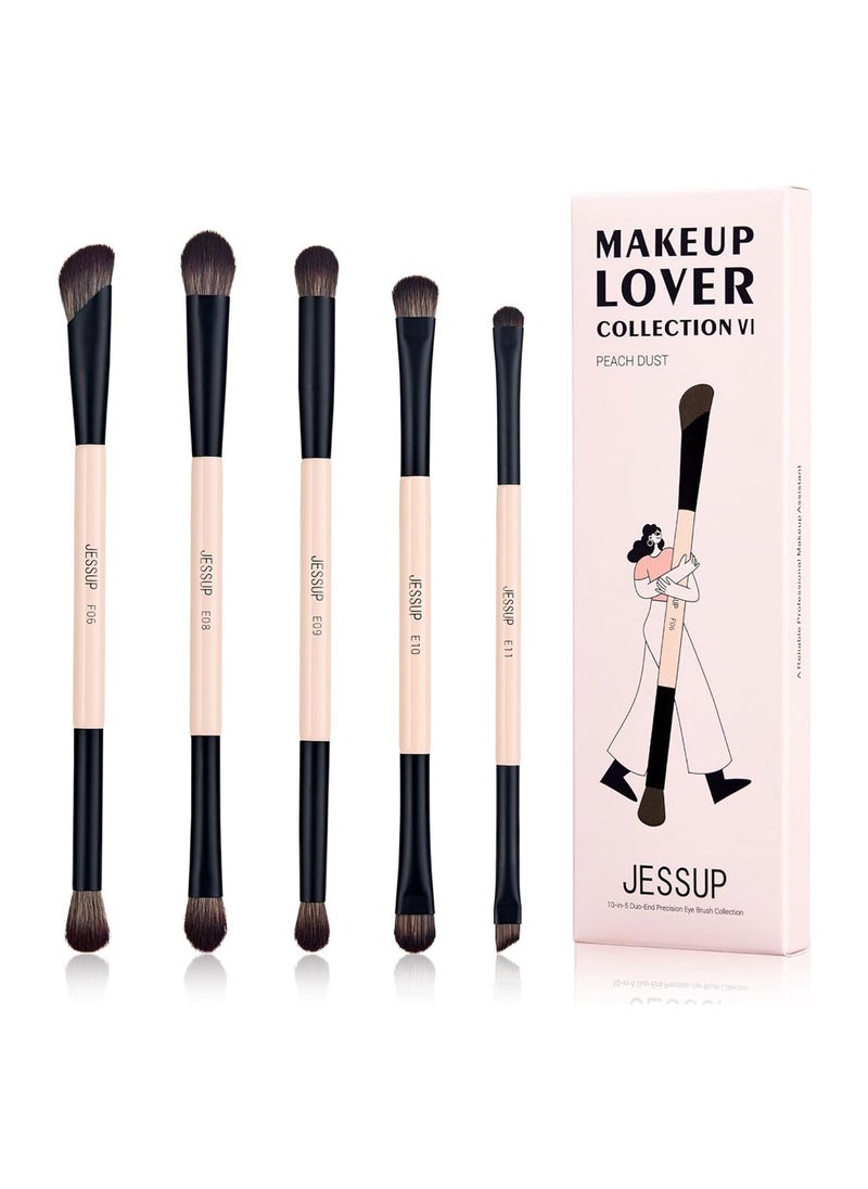 Jessup 10-in-5 Double Ended Makeup Brushes Set Eyeshadow Brush Contour Brush Blending Brush Eyeliner Brush Shader Brush, Vegan Fiber Precision Eye Brush Set Peach Dust T509
