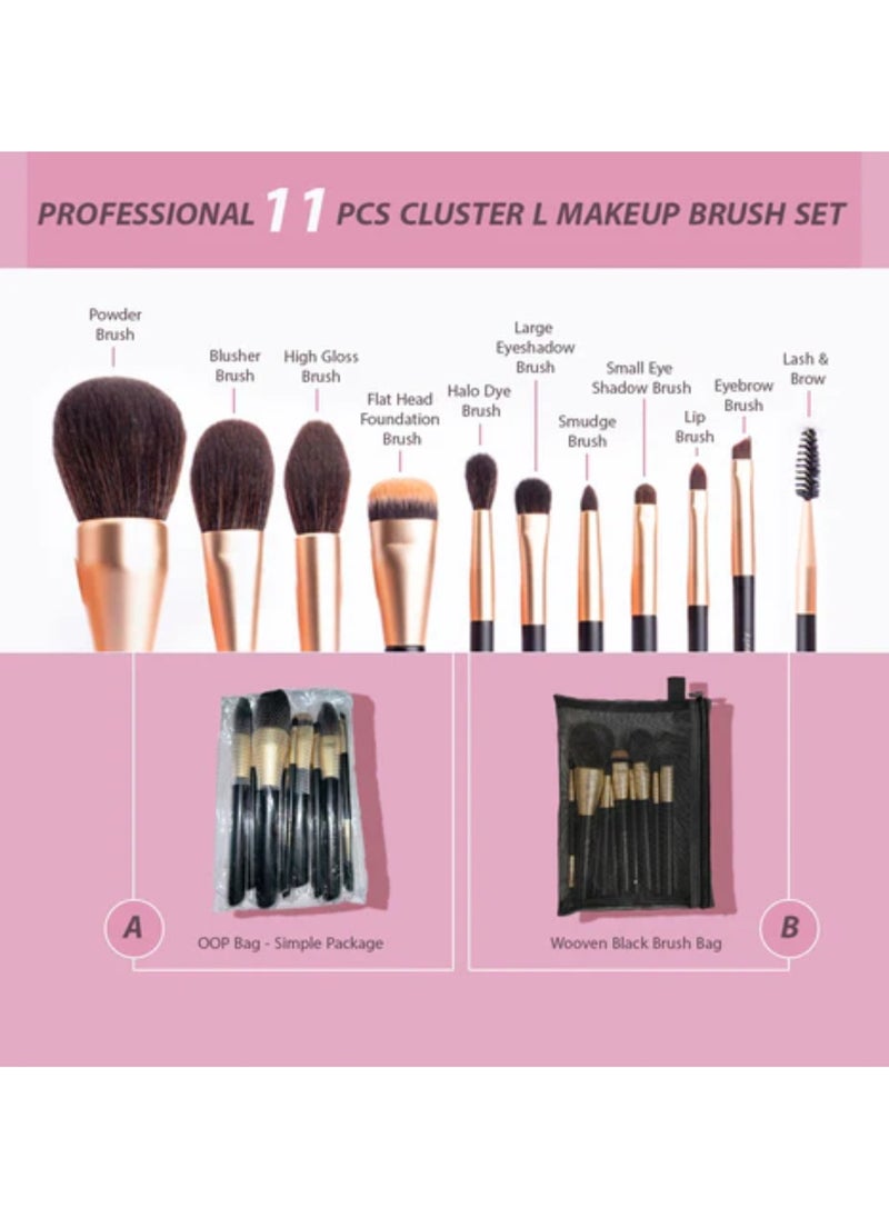 Professional 11-Piece Cluster L Makeup Brush Set | Vegan, Halal, Cruelty-Free | Seamless Blend & Airbrushed Finish