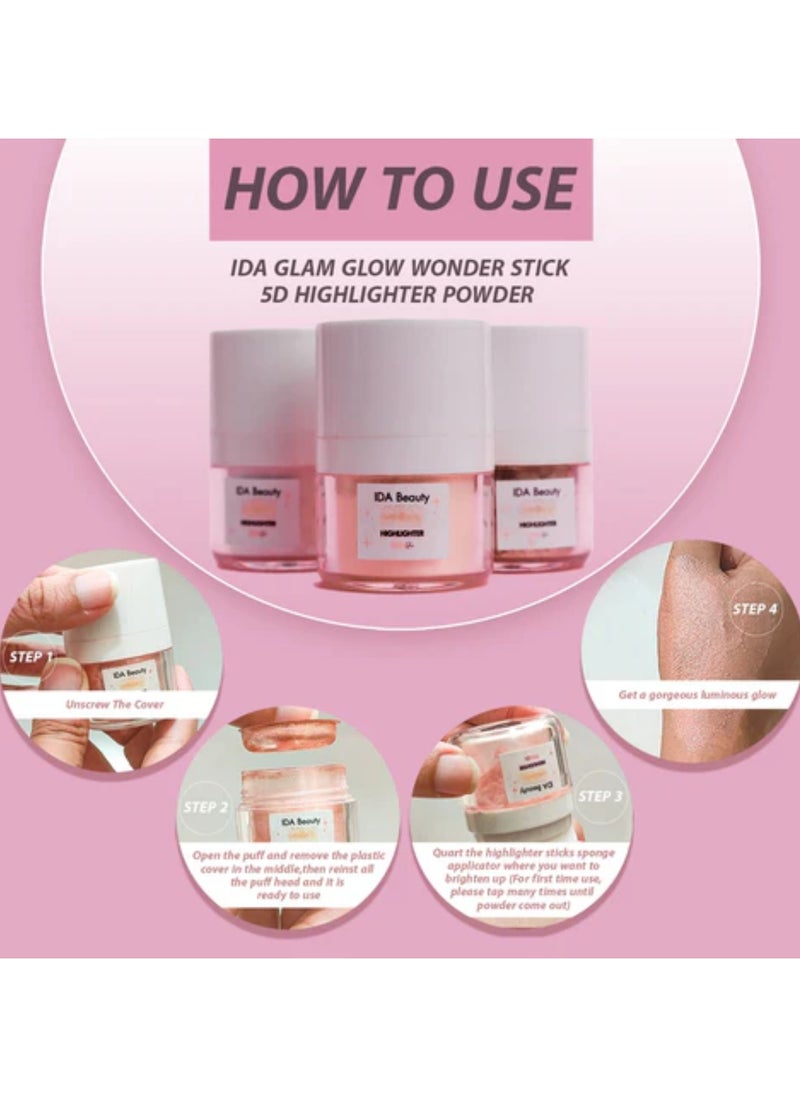 Glam Glow Wonder Stick 5D Highlighter | Multi-Use Face & Body Illuminator | Lightweight, Buildable, Long-Lasting | 100% Organic, Vegan, Halal, Cruelty-Free