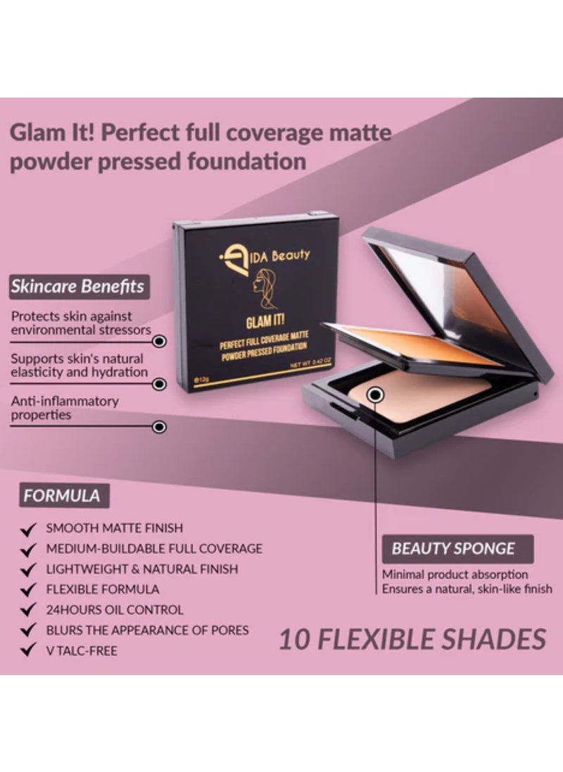 Glam It! Perfect Full Coverage Matte Powder Pressed Foundation | 2-in-1 Setting & Foundation | Matte Finish, Long-Lasting, Lightweight | Vegan, Halal, Cruelty-Free