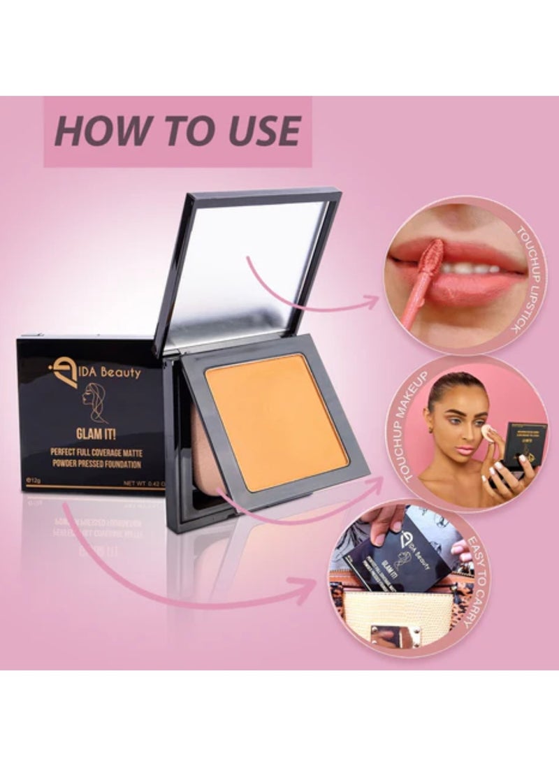 Glam It! Perfect Full Coverage Matte Powder Pressed Foundation | 2-in-1 Setting & Foundation | Matte Finish, Long-Lasting, Lightweight | Vegan, Halal, Cruelty-Free
