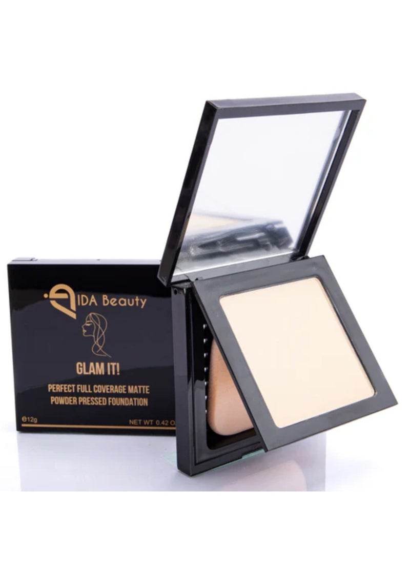 IDA Beauty Glam It! Perfect Full Coverage Matte Powder Pressed Foundation | 2-in-1 Setting & Foundation | Matte Finish, Long-Lasting, Lightweight | Vegan, Halal, Cruelty-Free