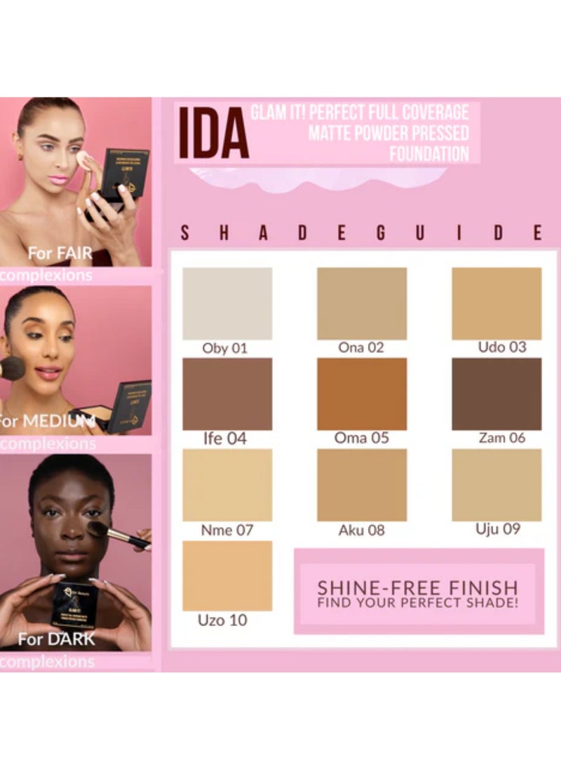 Glam It! Perfect Full Coverage Matte Powder Pressed Foundation | 2-in-1 Setting & Foundation | Matte Finish, Long-Lasting, Lightweight | Vegan, Halal, Cruelty-Free