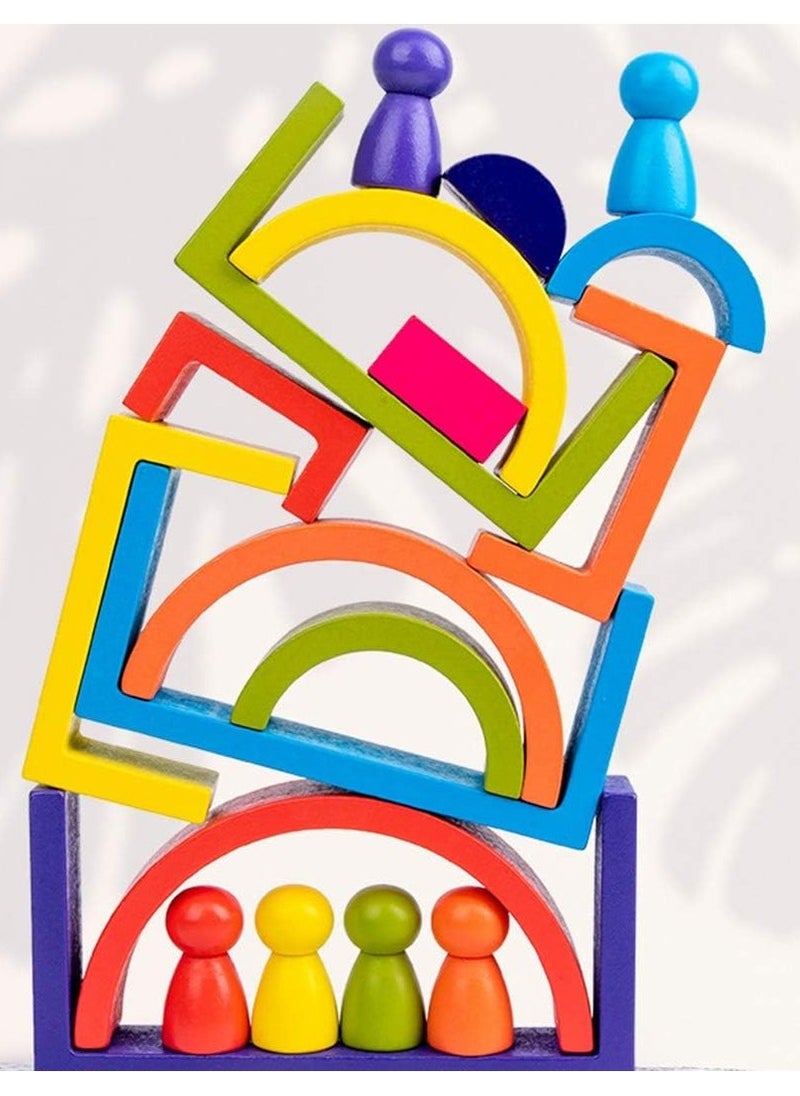 Wooden Rainbow Stackers Set Baby Kids Building Blocks Eductional Toys Funny Building Brick Stacking Toy Toddlers Early Learning Toys Multi-colored Nesting Puzzle Blocks for Infants Children
