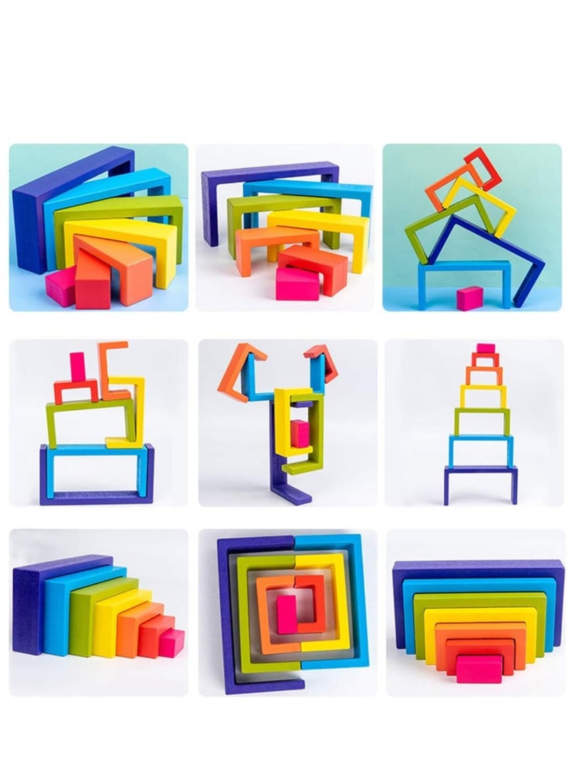 Wooden Rainbow Stackers Set Baby Kids Building Blocks Eductional Toys Funny Building Brick Stacking Toy Toddlers Early Learning Toys Multi-colored Nesting Puzzle Blocks for Infants Children