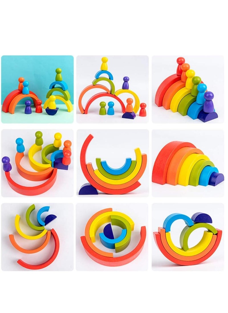 Wooden Rainbow Stackers Set Baby Kids Building Blocks Eductional Toys Funny Building Brick Stacking Toy Toddlers Early Learning Toys Multi-colored Nesting Puzzle Blocks for Infants Children