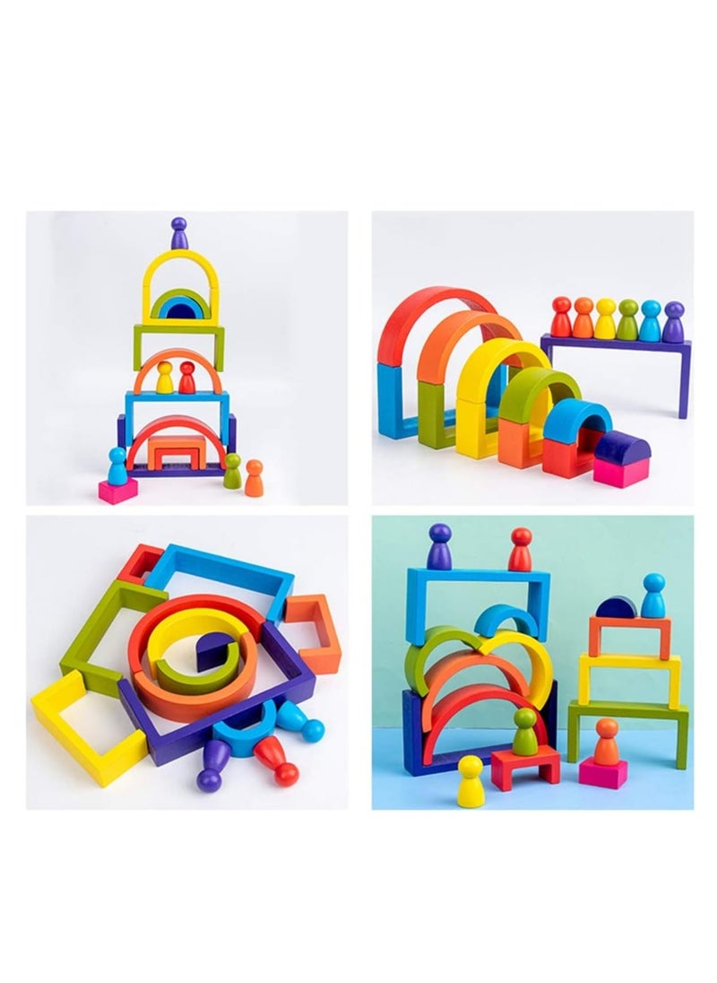 Wooden Rainbow Stackers Set Baby Kids Building Blocks Eductional Toys Funny Building Brick Stacking Toy Toddlers Early Learning Toys Multi-colored Nesting Puzzle Blocks for Infants Children
