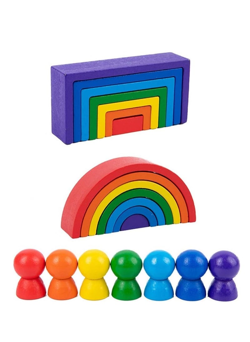 Wooden Rainbow Stackers Set Baby Kids Building Blocks Eductional Toys Funny Building Brick Stacking Toy Toddlers Early Learning Toys Multi-colored Nesting Puzzle Blocks for Infants Children
