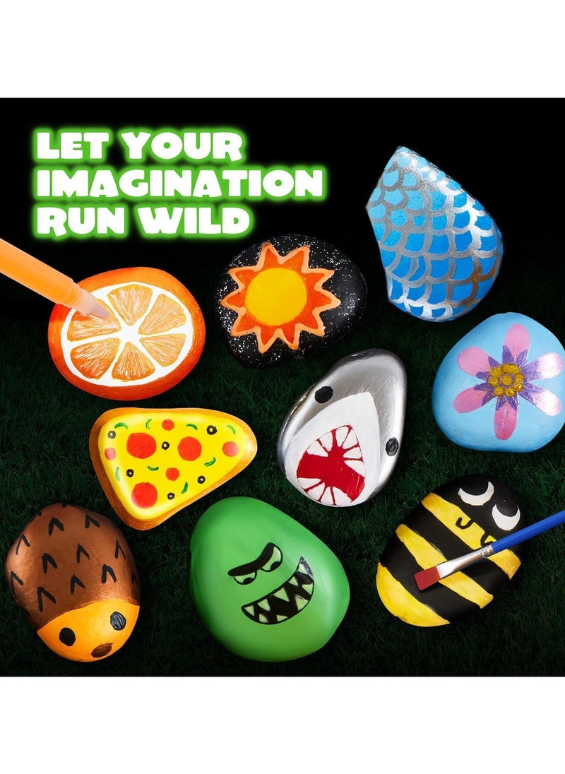 Glow in the Dark Rock Painting Kit for Kids – 10 Stones, 17 Paint Colors – Waterproof, Metallic & Glow Paints – DIY Arts and Crafts Gift for Boys and Girls Ages 4-12
