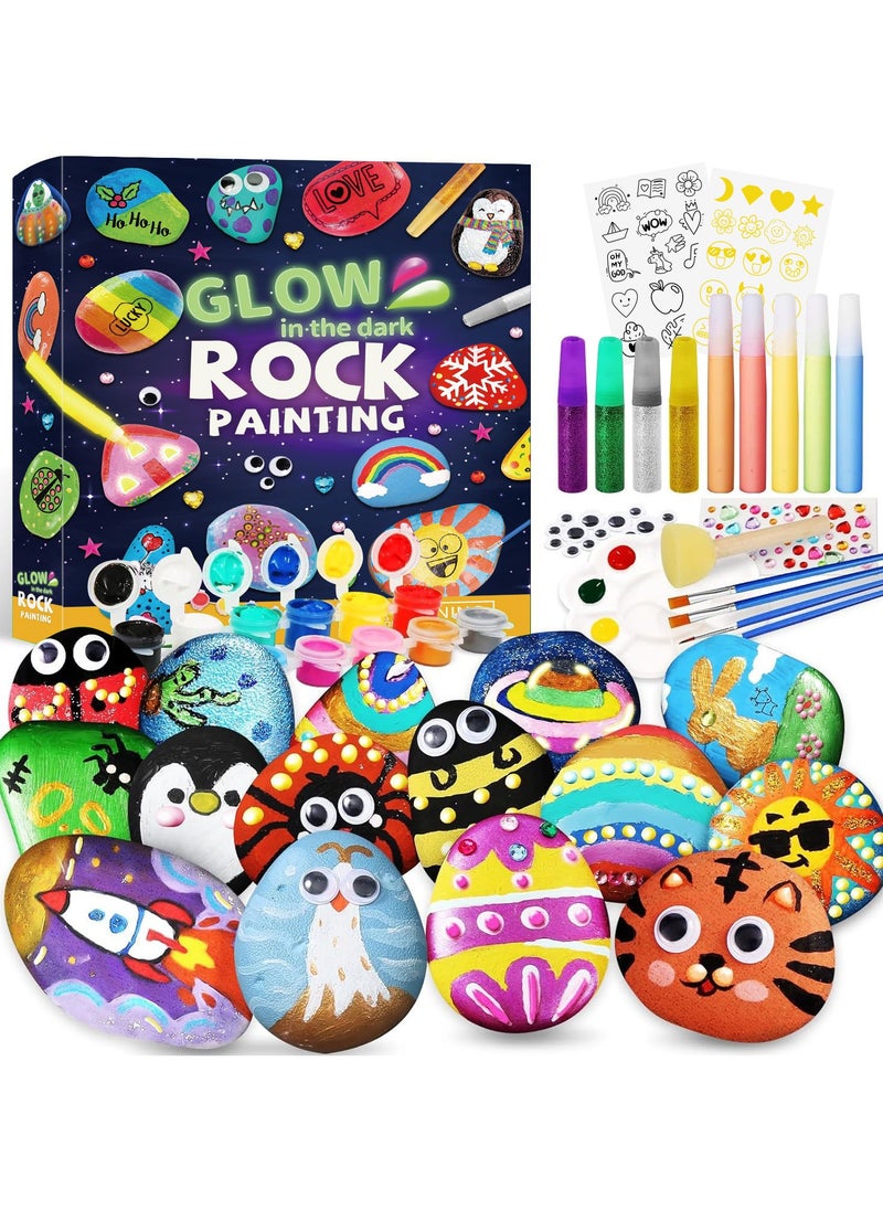 Glow in the Dark Rock Painting Kit for Kids – 10 Stones, 17 Paint Colors – Waterproof, Metallic & Glow Paints – DIY Arts and Crafts Gift for Boys and Girls Ages 4-12