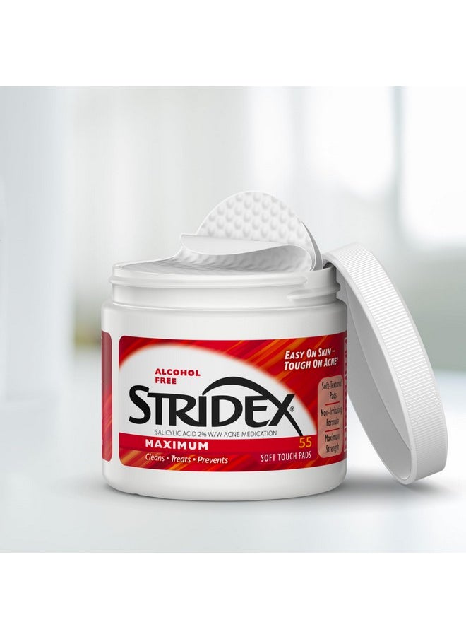 Stridex Medicated Acne Pads, Maximum, 55 Count - Facial Cleansing Wipes, Alcohol Free, Acne Treatment for Face, For Moderate Acne, Smooth Application