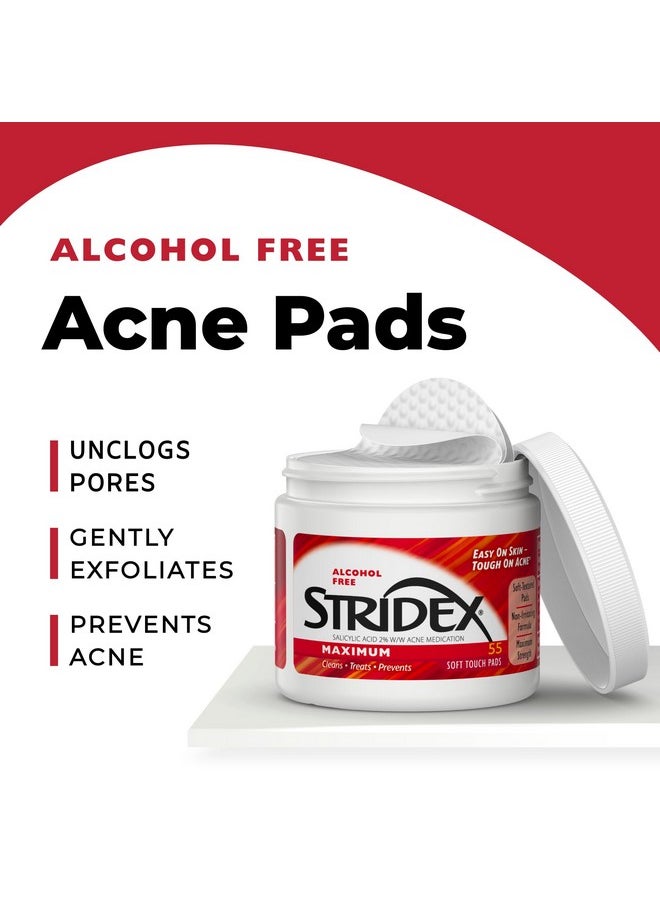 Stridex Medicated Acne Pads, Maximum, 55 Count - Facial Cleansing Wipes, Alcohol Free, Acne Treatment for Face, For Moderate Acne, Smooth Application