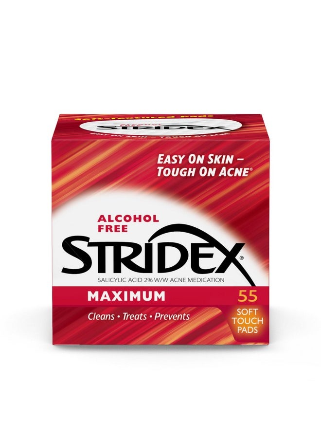 Stridex Medicated Acne Pads, Maximum, 55 Count - Facial Cleansing Wipes, Alcohol Free, Acne Treatment for Face, For Moderate Acne, Smooth Application