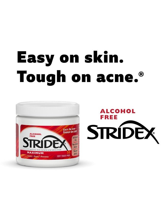Stridex Medicated Acne Pads, Maximum, 55 Count - Facial Cleansing Wipes, Alcohol Free, Acne Treatment for Face, For Moderate Acne, Smooth Application