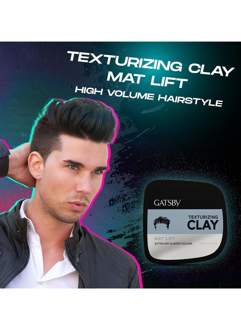 Gatsby Texturizing Clay - Mat Lift For Super Strong Hold More Volume and Extra Dry Look Stylish Matte Finish Anytime Restylable Hair Styling Clay Wax Hair Wax For Men 75gm