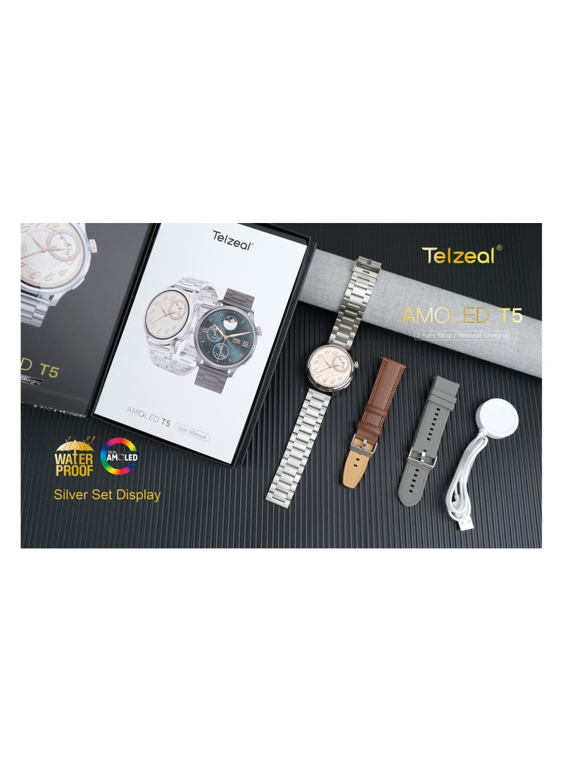 Telzeal AMOLED T5 Waterproof Smart Watch With Large Screen AMOLED Display Smart Features 3 Pair Straps and Charging Cable Designed for Men Black