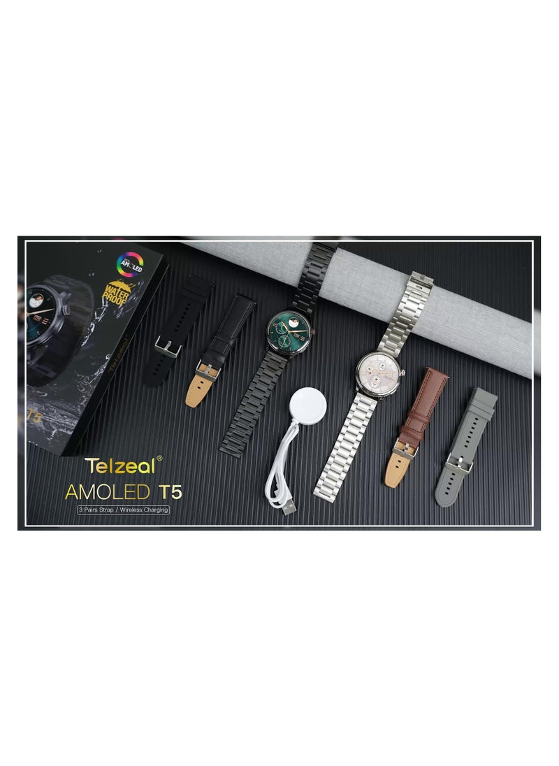 Telzeal AMOLED T5 Waterproof Smart Watch With Large Screen AMOLED Display Smart Features 3 Pair Straps and Charging Cable Designed for Men Black