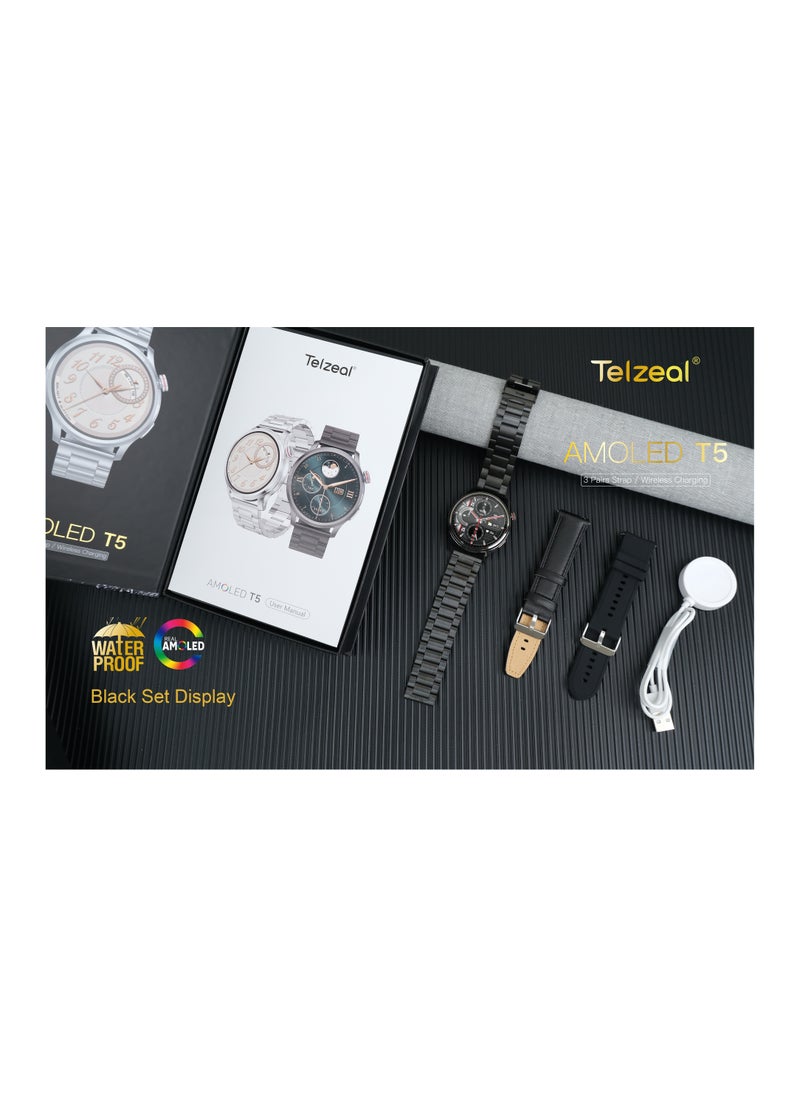 Telzeal AMOLED T5 Waterproof Smart Watch With Large Screen AMOLED Display Smart Features 3 Pair Straps and Charging Cable Designed for Men Black