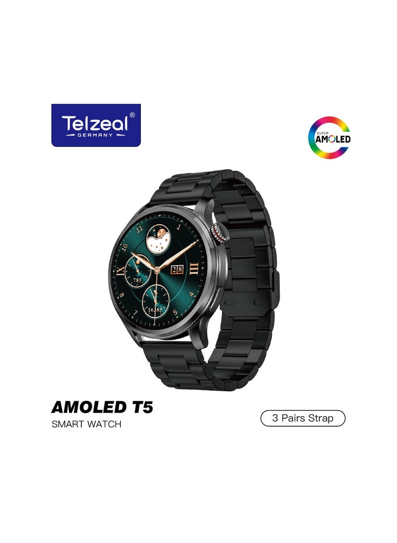 Telzeal AMOLED T5 Waterproof Smart Watch With Large Screen AMOLED Display Smart Features 3 Pair Straps and Charging Cable Designed for Men Black