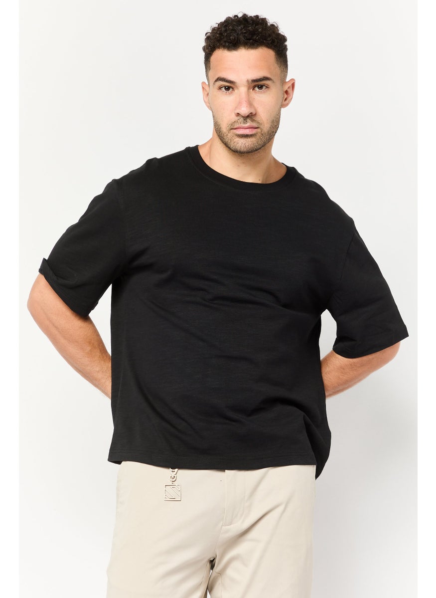 Men Crew Neck Short Sleeves Solid T-Shirt, Black