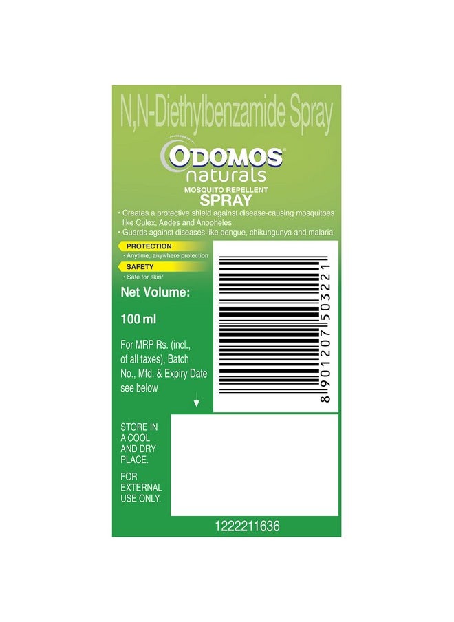 Dabur Odomos Naturals Mosquito Repellant Spray 100ml, Clinically Tested & Pediatrician Certified,8 Hours Protection in Single Application,Protection Against Dengue, Malaria & Chikungunya,Safe on Skin