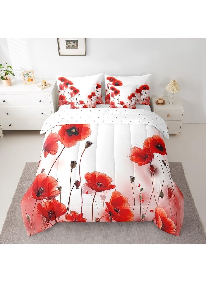 Erosebridal Poppy Comforter Set King Size 7 Piece, Red Flower Bedding Set with Sheets for Girls Women, Blossom Floral Bed in A Bag with Pillow Cases and Covers, Reversible Bed Set